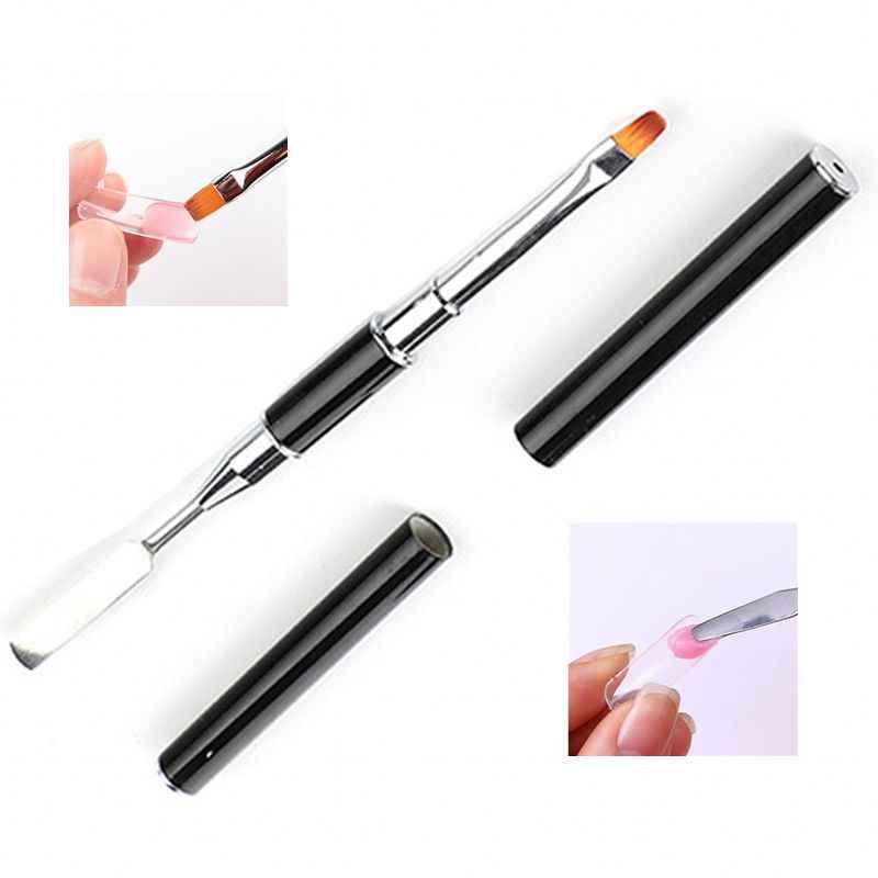 Dual-ended Nail Art Brush, Rhinestone Handle Gel Nail Brush with Nail Detail Design Brush French Tip Liner Brush Flat Oval Fine Angled Nail Brush Tools for DIY Manicure Salon