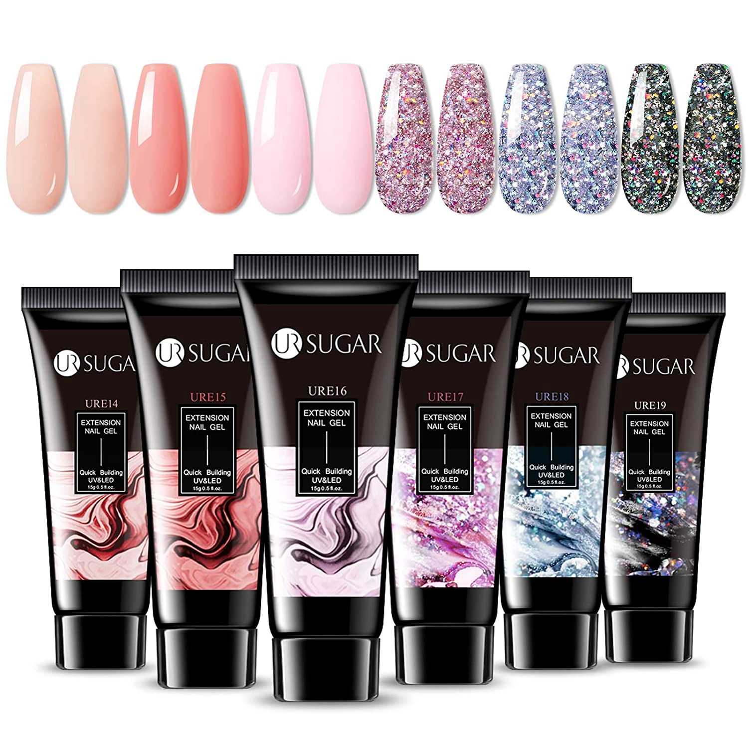 UR SUGAR Jelly Pink Poly Extension Gel Nail Kit, 6 Colours Nude Pink Transparent