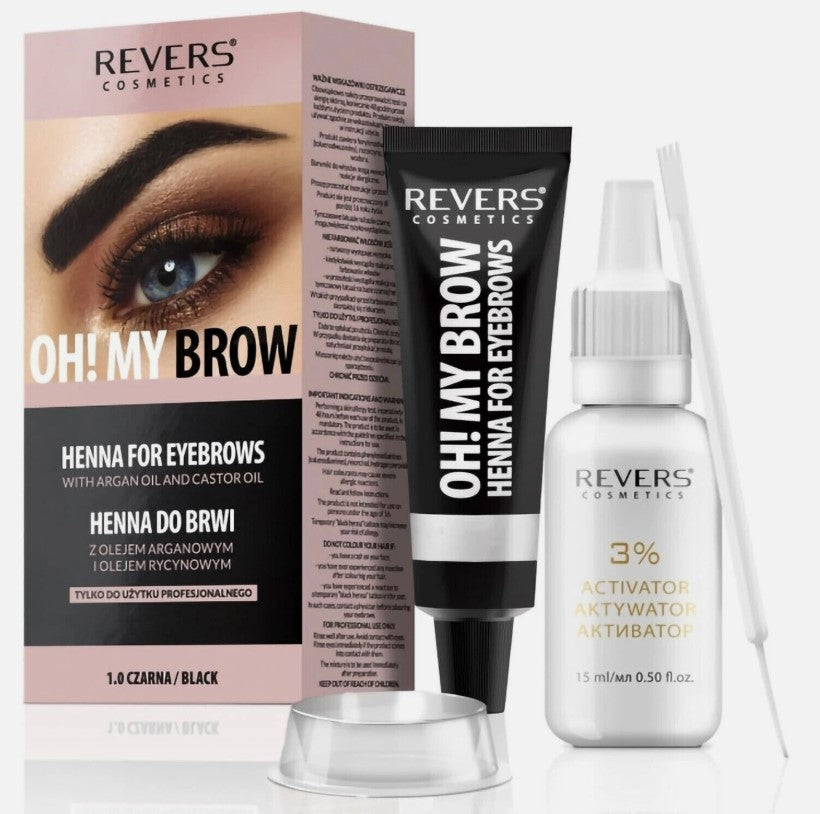 REVERS COSMETICS Eyebrow Dye Kit Black Ammonia Free, Brow Tint with Argan Oil and Castor Oil, Salon Quality, Natural Result, Lasts Up to 4 Weeks, Up to 15 Applications