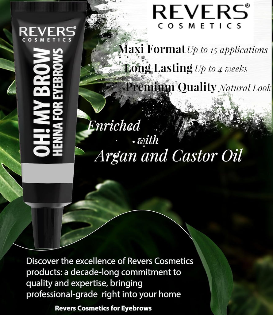 REVERS COSMETICS Eyebrow Dye Kit Dark Brown Ammonia Free, Brow Tint with Argan Oil and Castor Oil, Salon Quality, Natural Result, Lasts Up to 4 Weeks, Up to 15 Applications