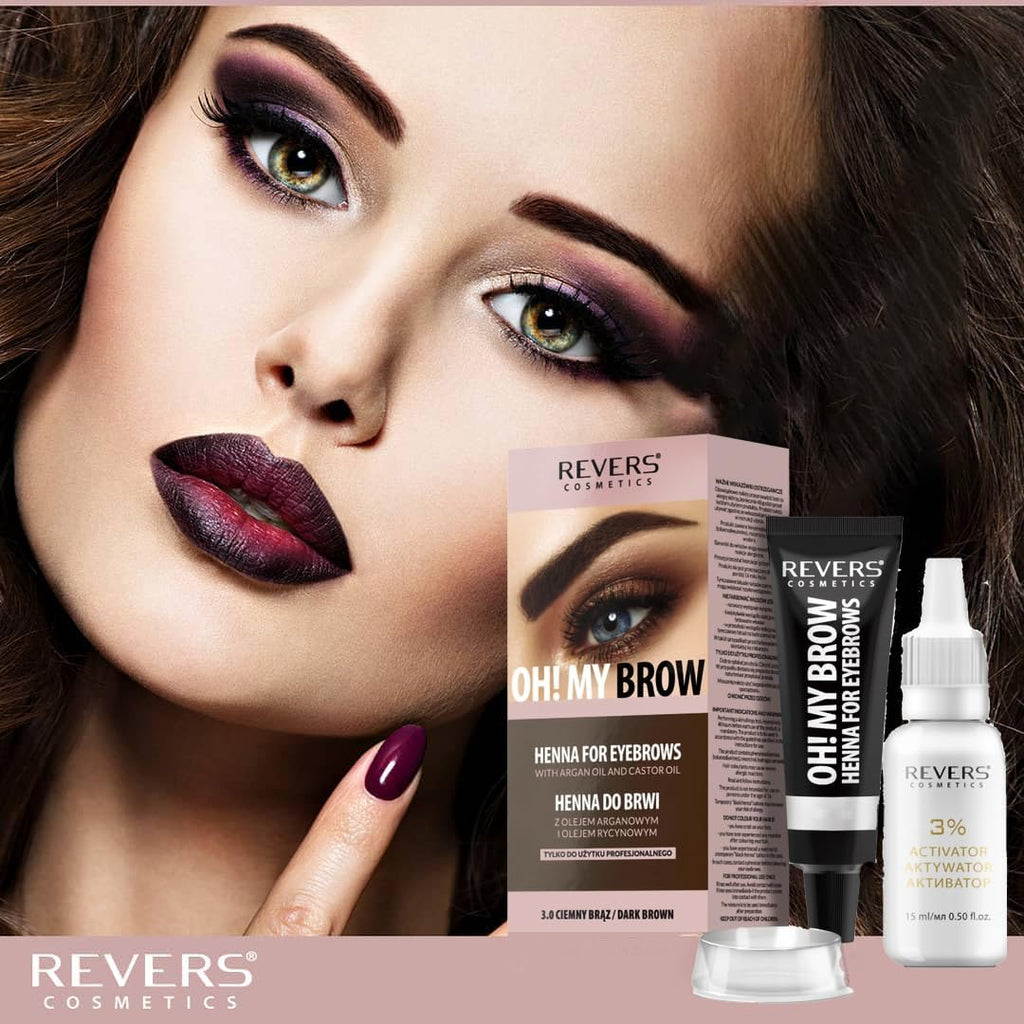 REVERS COSMETICS Eyebrow Dye Kit Dark Brown Ammonia Free, Brow Tint with Argan Oil and Castor Oil, Salon Quality, Natural Result, Lasts Up to 4 Weeks, Up to 15 Applications