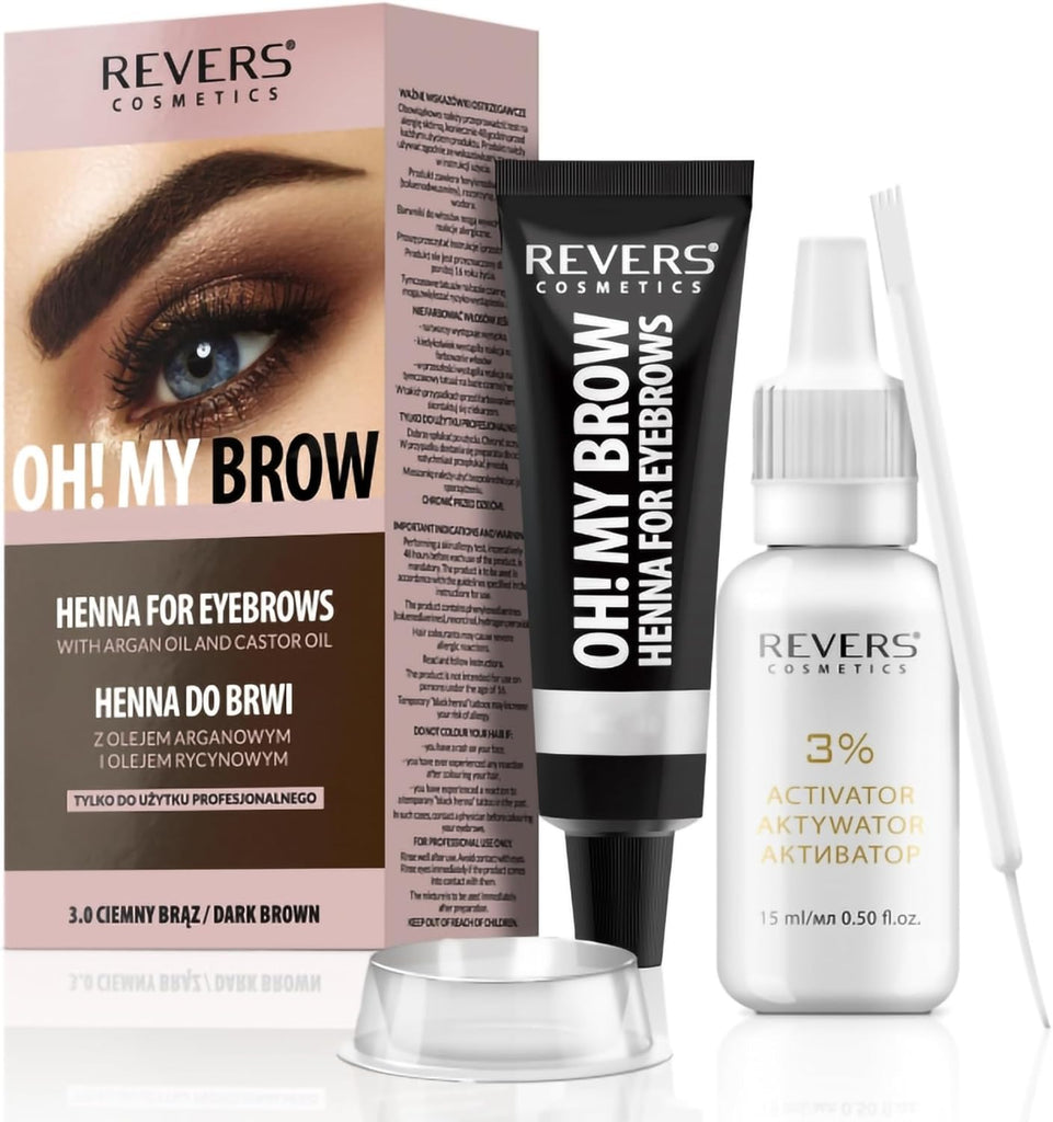 REVERS COSMETICS Eyebrow Dye Kit Dark Brown Ammonia Free, Brow Tint with Argan Oil and Castor Oil, Salon Quality, Natural Result, Lasts Up to 4 Weeks, Up to 15 Applications